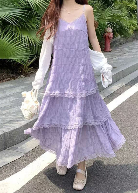 Purple Dress Strap Neck Spaghetti Elegant V Lace Cotton