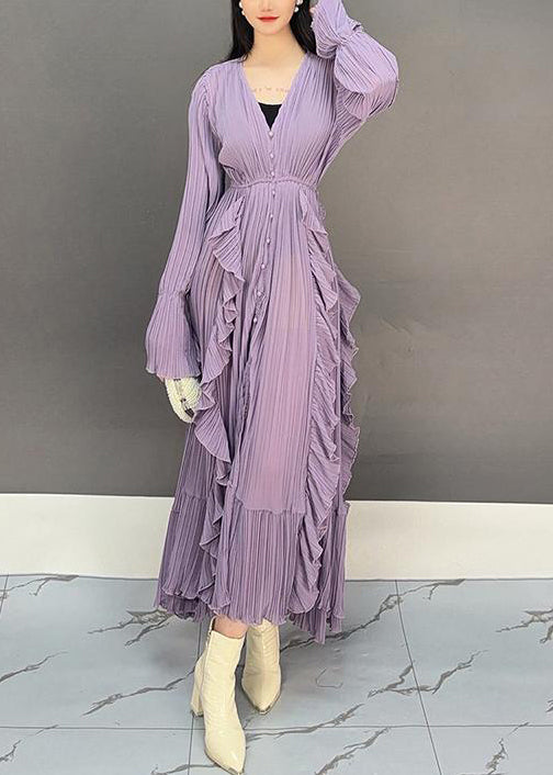 Elegant Purple V Neck Ruffled Long Dresses Flare Sleeve