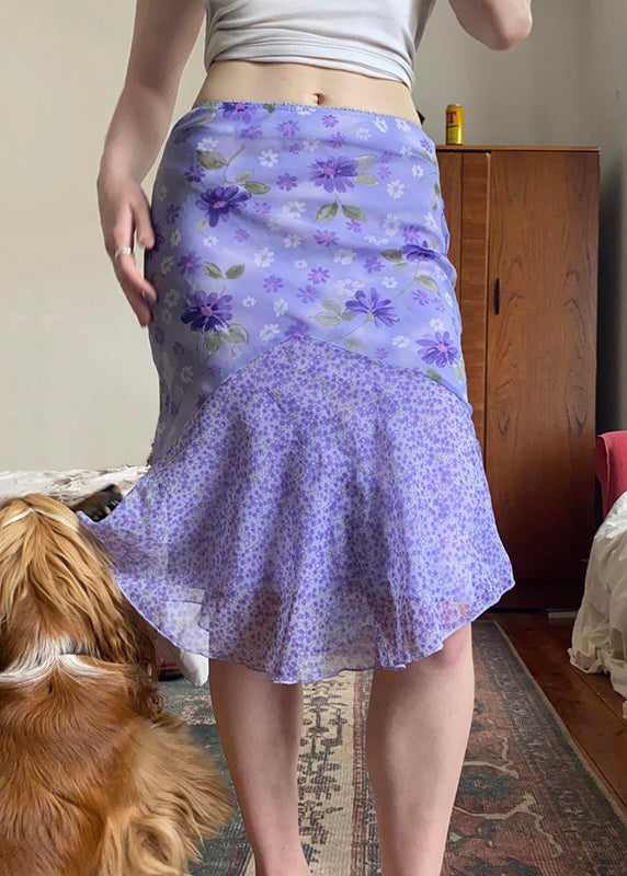 Chiffon Skirt Patchwork Summer Zippered Elegant Print Purple