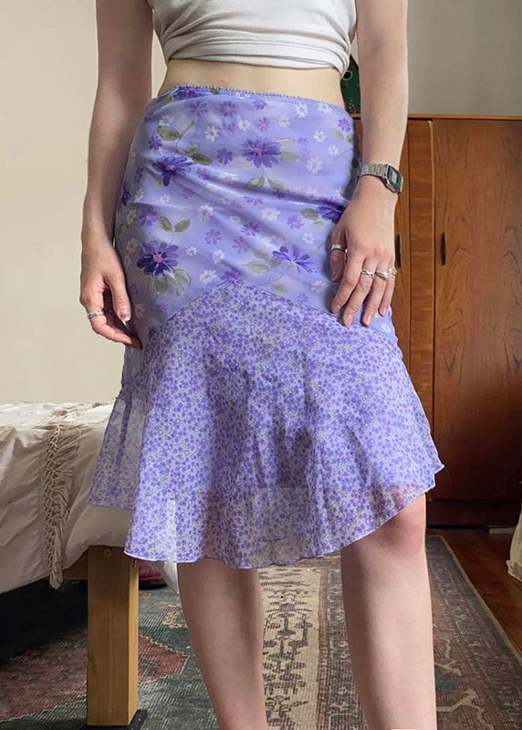 Chiffon Skirt Patchwork Summer Zippered Elegant Print Purple