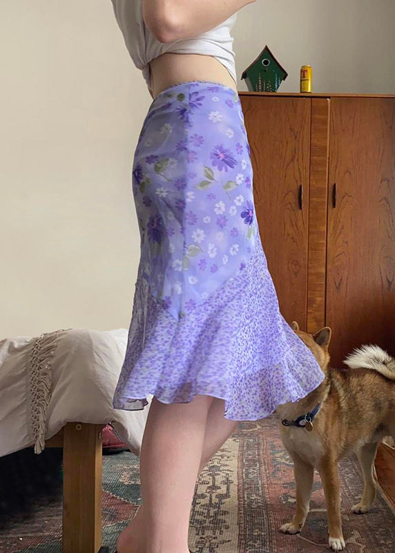 Chiffon Skirt Patchwork Summer Zippered Elegant Print Purple