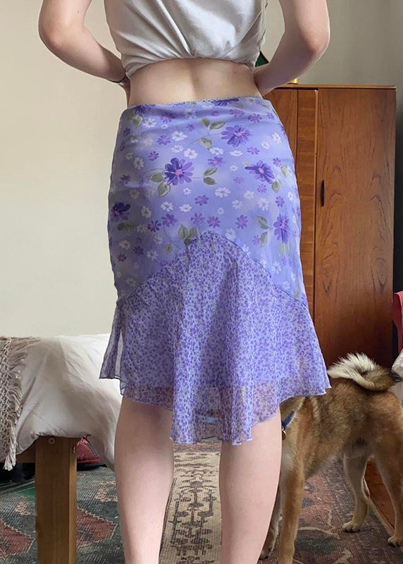 Chiffon Skirt Patchwork Summer Zippered Elegant Print Purple