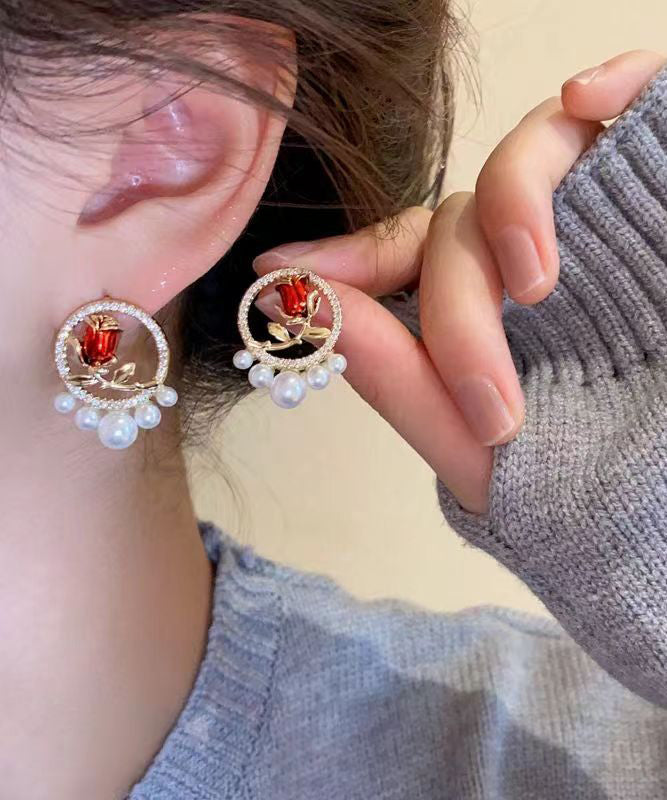 Boucles d'oreilles à tige élégantes en cuivre rouge et zircon avec perles roses KX1019