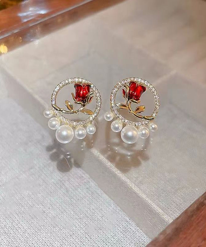 Boucles d'oreilles à tige élégantes en cuivre rouge et zircon avec perles roses KX1019