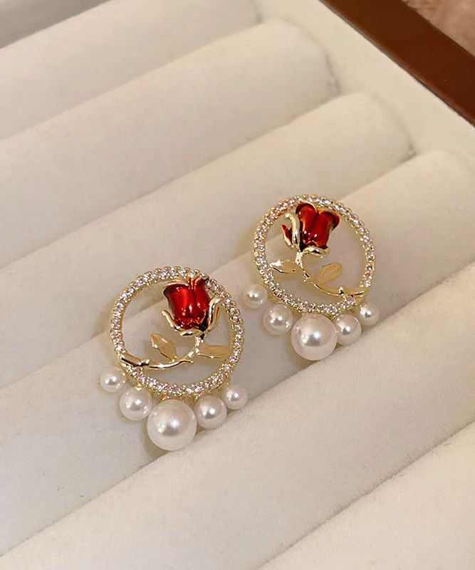 Boucles d'oreilles à tige élégantes en cuivre rouge et zircon avec perles roses KX1019