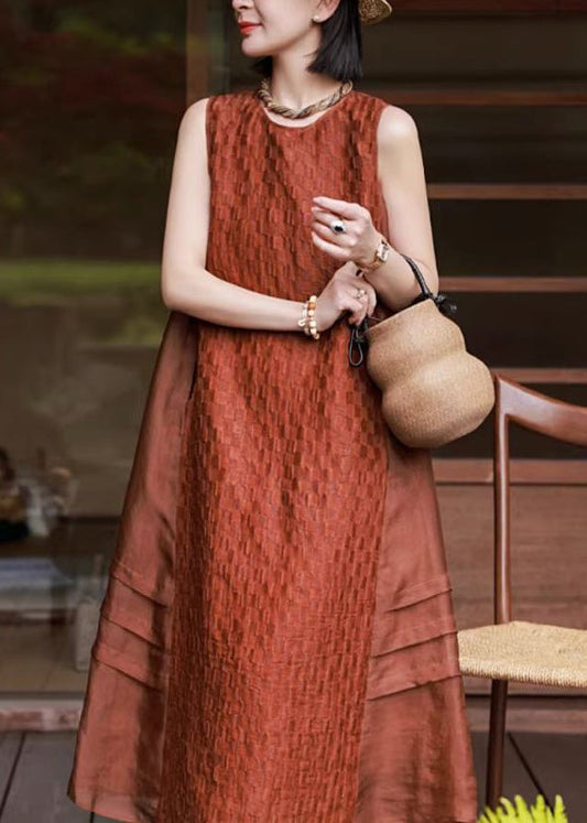 Elegant Red O Neck Patchwork Cotton Long Dresses Sleeveless WN025