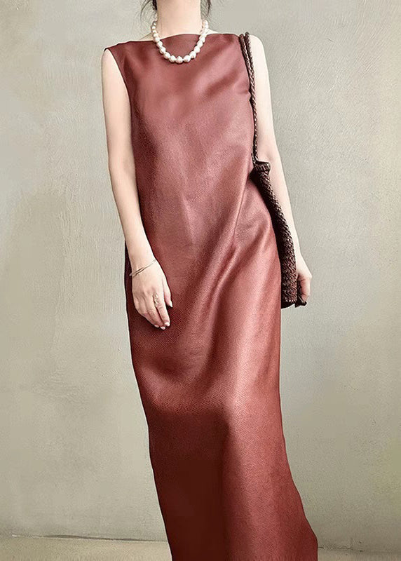 Back Pockets Elegant Side Long Sleeveless Silk Dress Open Red