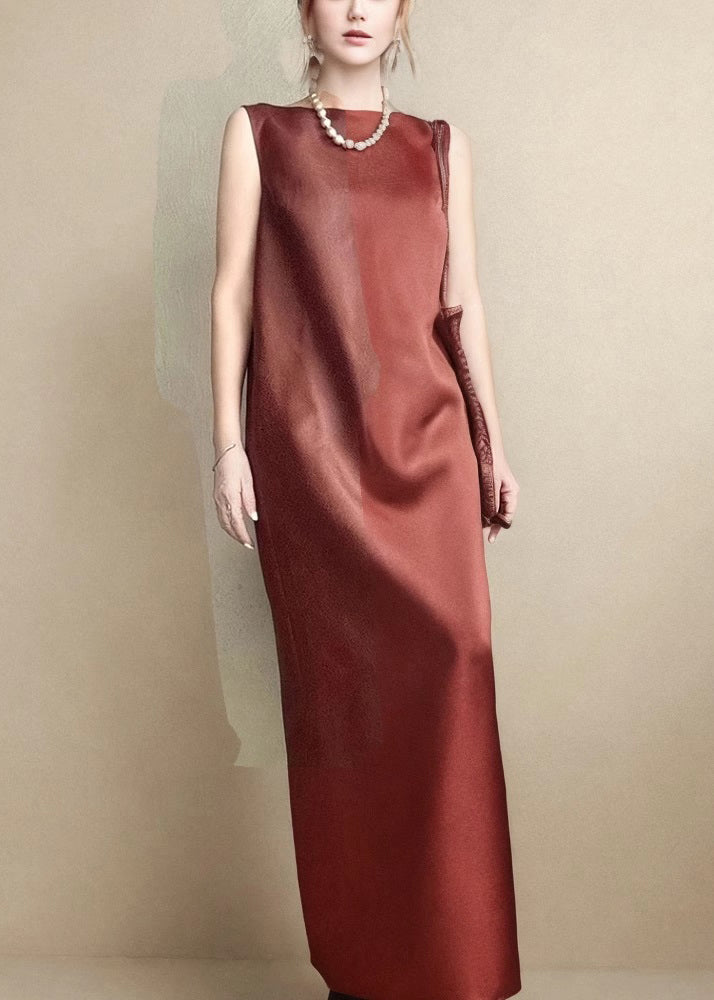 Back Pockets Elegant Side Long Sleeveless Silk Dress Open Red
