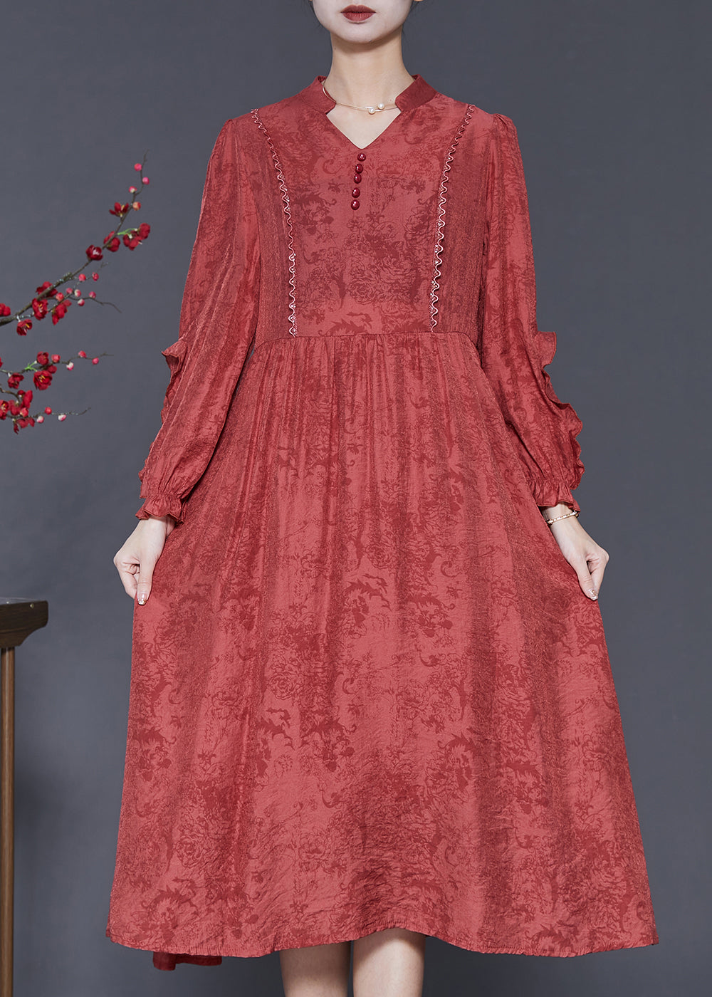 Elegante rote Rüschen Jacquard Baumwolle Robe Kleider Frühling SD1032