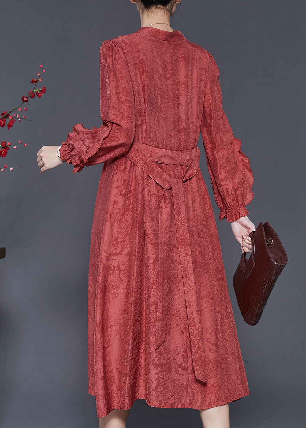 Elegante rote Rüschen Jacquard Baumwolle Robe Kleider Frühling SD1032