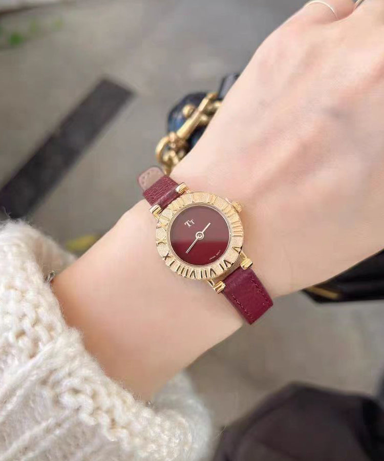 Stainless Leather Hardlex Elegant Watches Steel Crystal Red