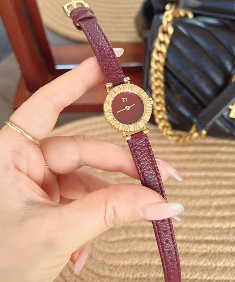 Stainless Leather Hardlex Elegant Watches Steel Crystal Red