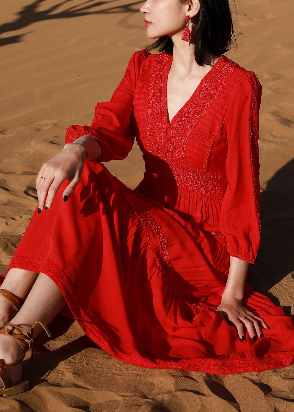 Long Dresses Neck Embroidered Solid Red Cotton V Bracelet Elegant