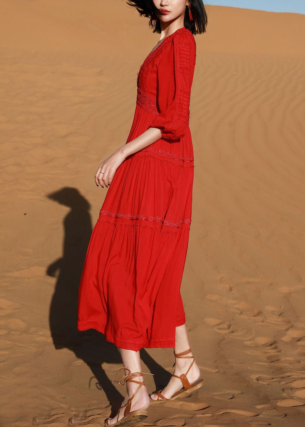 Long Dresses Neck Embroidered Solid Red Cotton V Bracelet Elegant