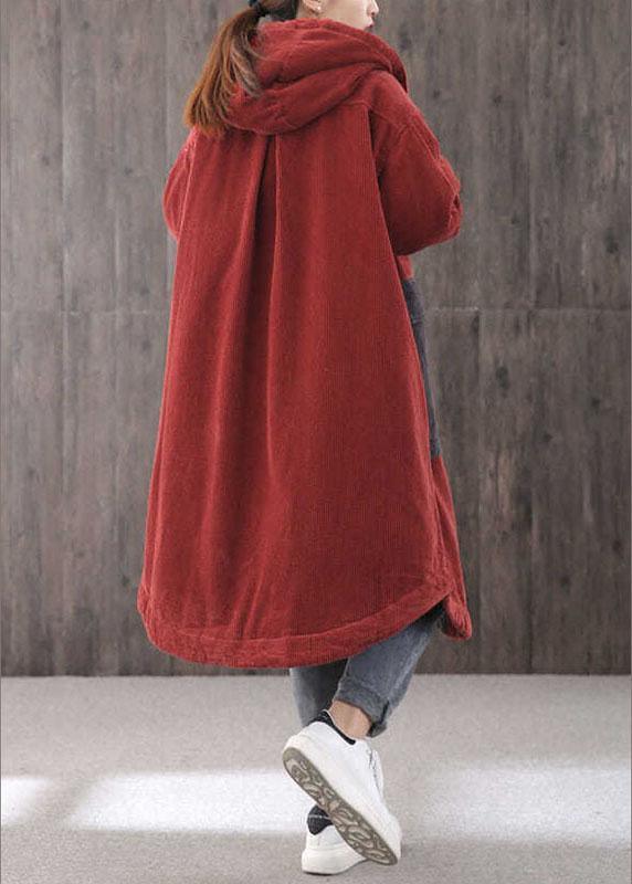 Elegant Red hooded Pockets Button Winter Coat Long sleeve QS046