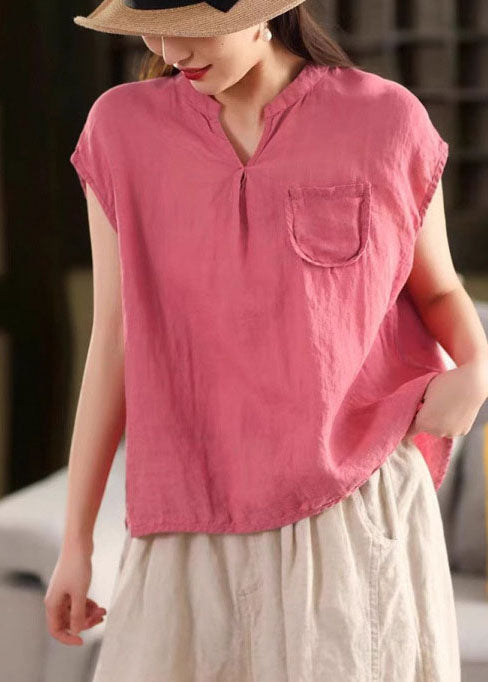 Summer V Pocket Neck Tops Elegant Rose Linen