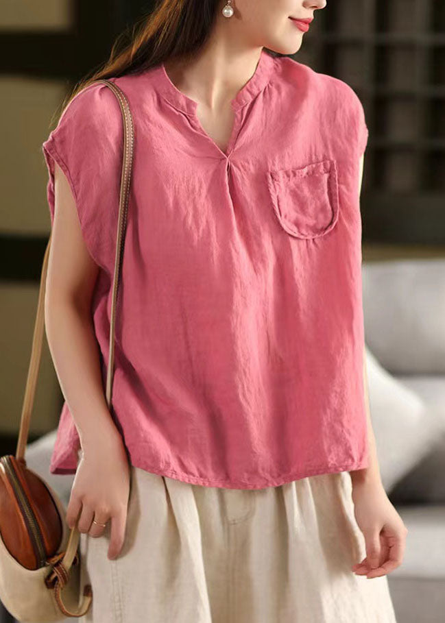Summer V Pocket Neck Tops Elegant Rose Linen