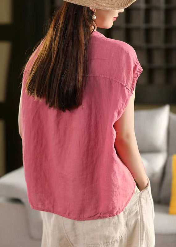 Summer V Pocket Neck Tops Elegant Rose Linen