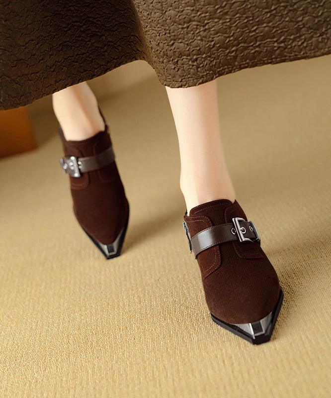 Elegant Splicing Chunky High Heels Brown Suede Pointed Toe RX010