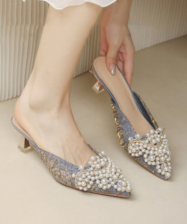 Bead Pointed Heel Blue Sandals Elegant Slide Splicing High Nail