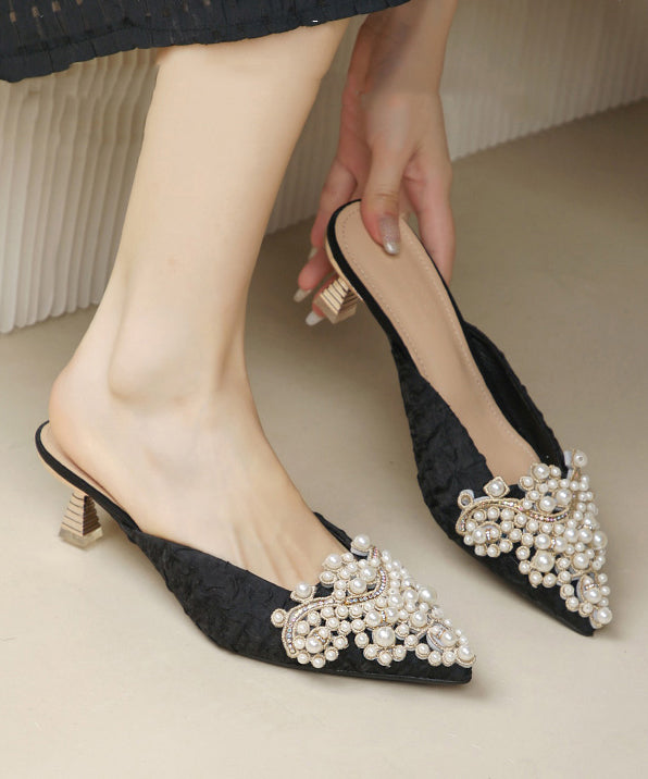 Bead Pointed Heel Blue Sandals Elegant Slide Splicing High Nail