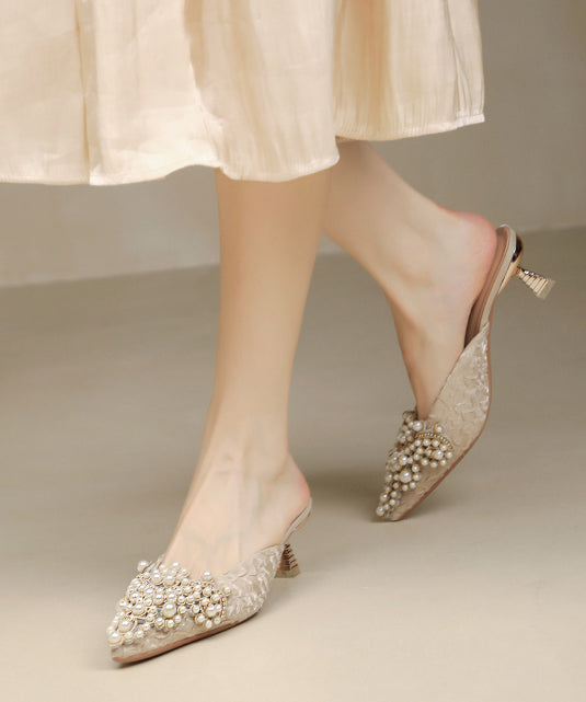 Bead Pointed Heel Blue Sandals Elegant Slide Splicing High Nail