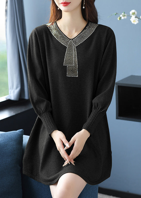 Elegant Tea Green V Neck Zircon Woolen Sweater Dress Winter RL017