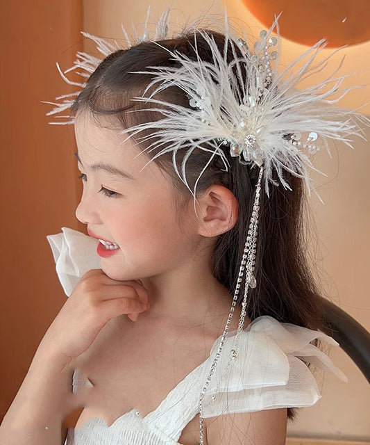 Elegant White Alloy Feather Pearl Sequins Tassel Girls Hairpin YG027