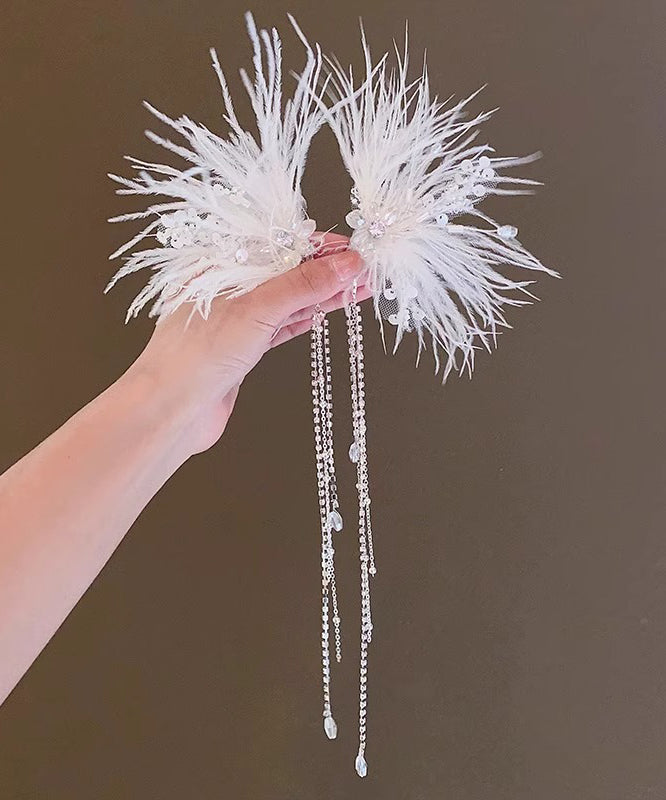 Elegant White Alloy Feather Pearl Sequins Tassel Girls Hairpin YG027