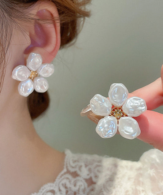 Elegant Earrings Floral White Wrinkled Stud Pearl Alloy