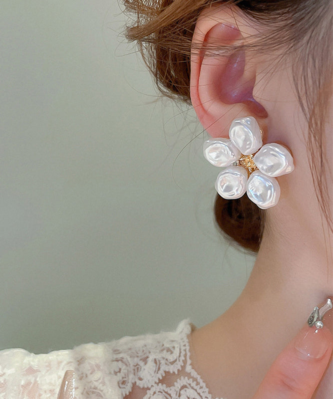 Elegant Earrings Floral White Wrinkled Stud Pearl Alloy