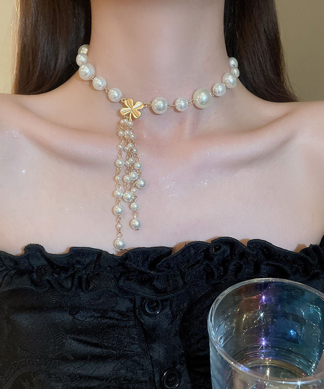 Tassel White Elegant Pendant Necklace Alloy Pearl Floral