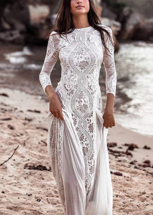 White Elegant Maxi Hollow Dresses Spring Backless Out Lace