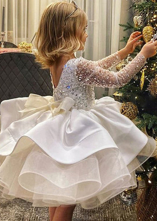 Elegant White Backless Sequins Patchwork Tulle Kids Mid Dresses Fall RP040