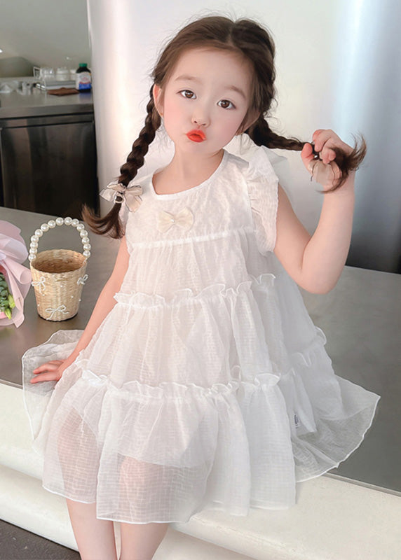 Elegant White Bow Tulle Kids A Line Mid Dresses Summer GF006