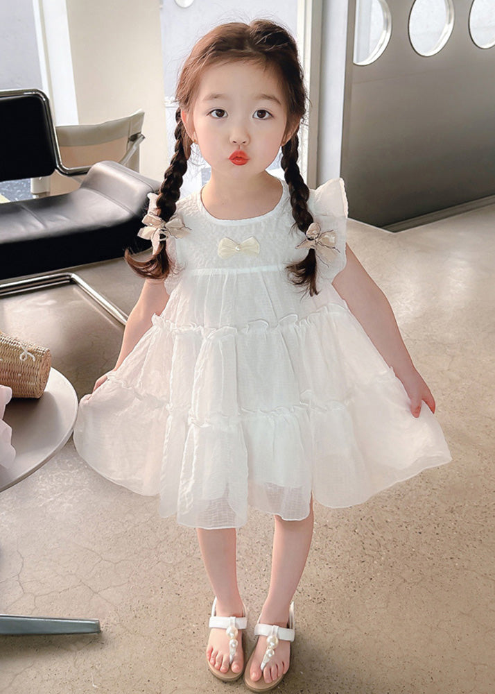 Elegant White Bow Tulle Kids A Line Mid Dresses Summer GF006