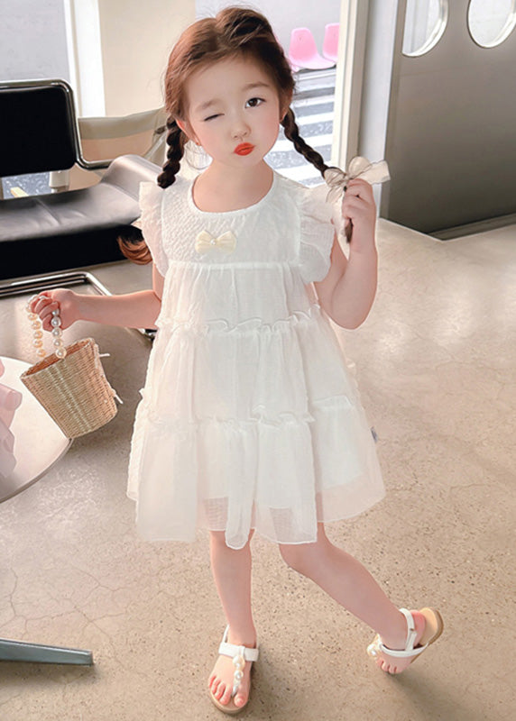 Elegant White Bow Tulle Kids A Line Mid Dresses Summer GF006