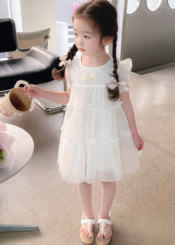 Elegant White Bow Tulle Kids A Line Mid Dresses Summer GF006