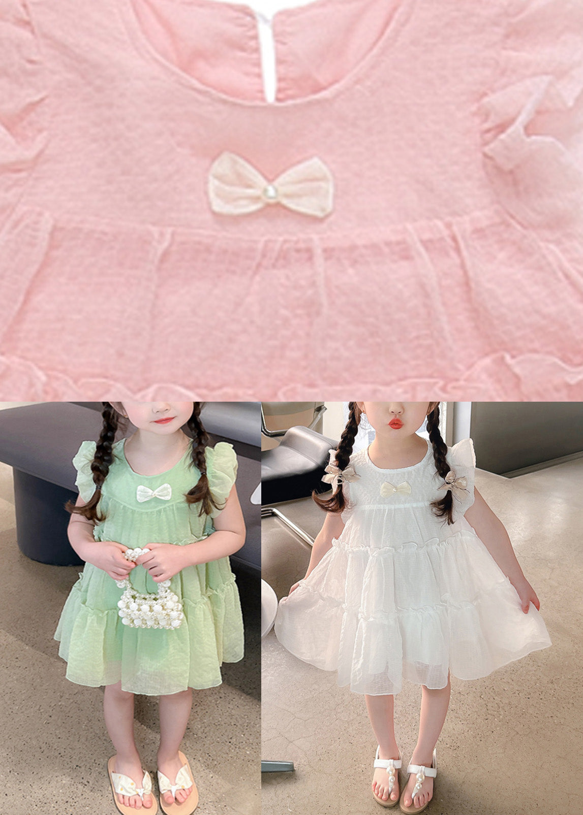 Elegant White Bow Tulle Kids A Line Mid Dresses Summer GF006