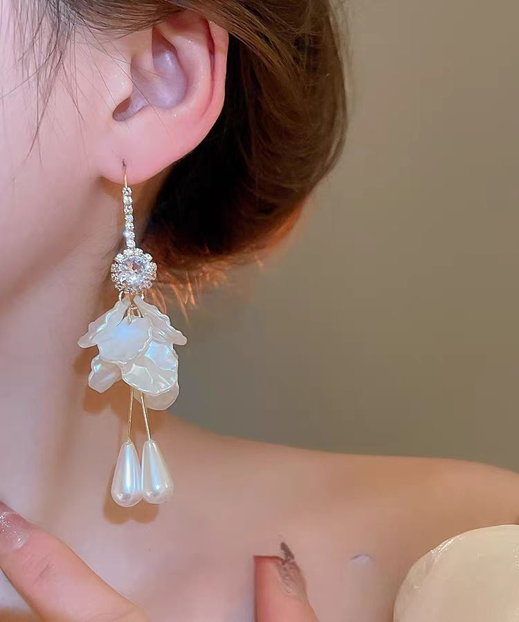 Drop Pearl Earrings Shell Tassel White Copper Elegant Zircon Acrylic