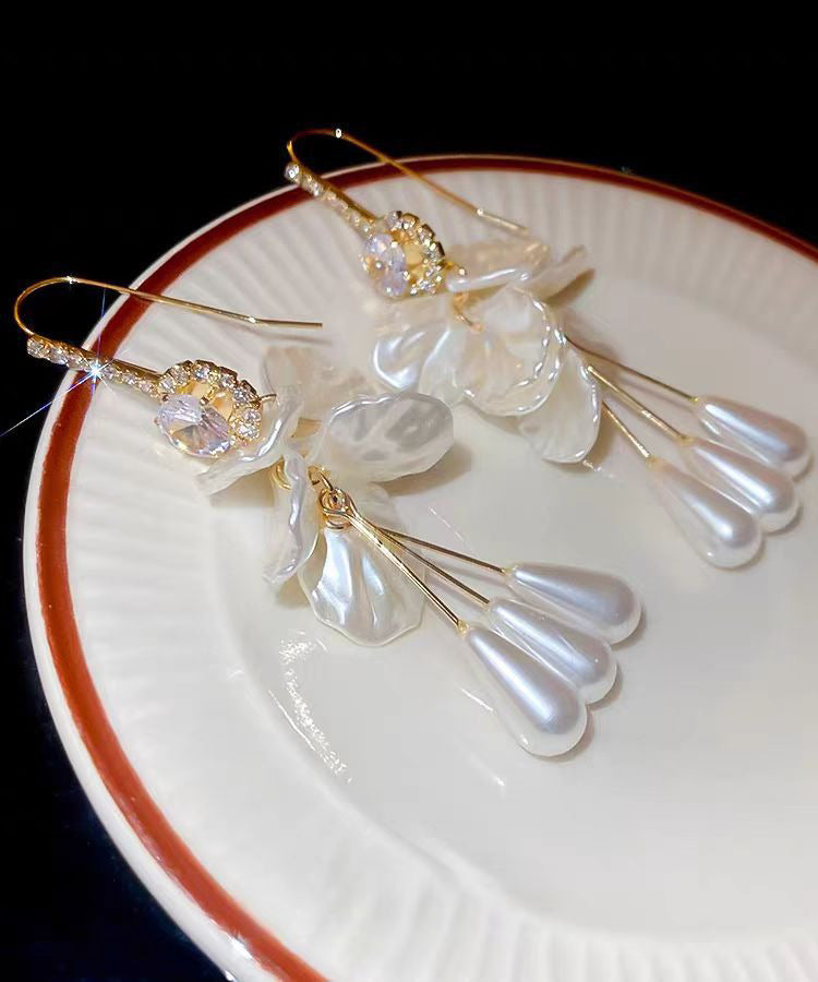 Drop Pearl Earrings Shell Tassel White Copper Elegant Zircon Acrylic