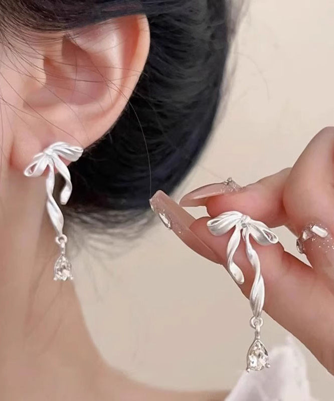 Alloy Earrings Butterfly Elegant Ribbon White Drop Silk Copper
