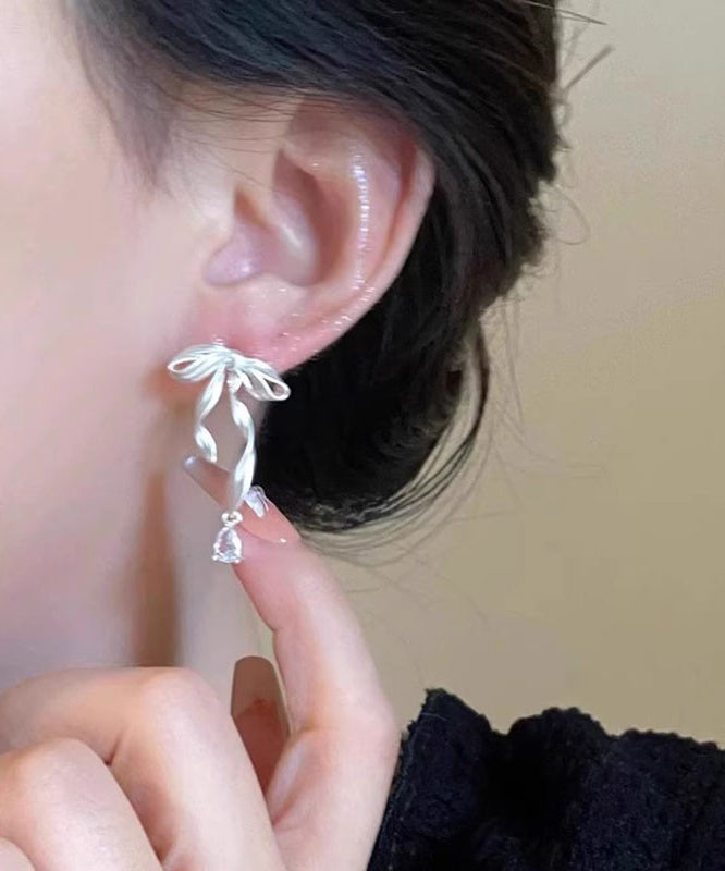 Alloy Earrings Butterfly Elegant Ribbon White Drop Silk Copper