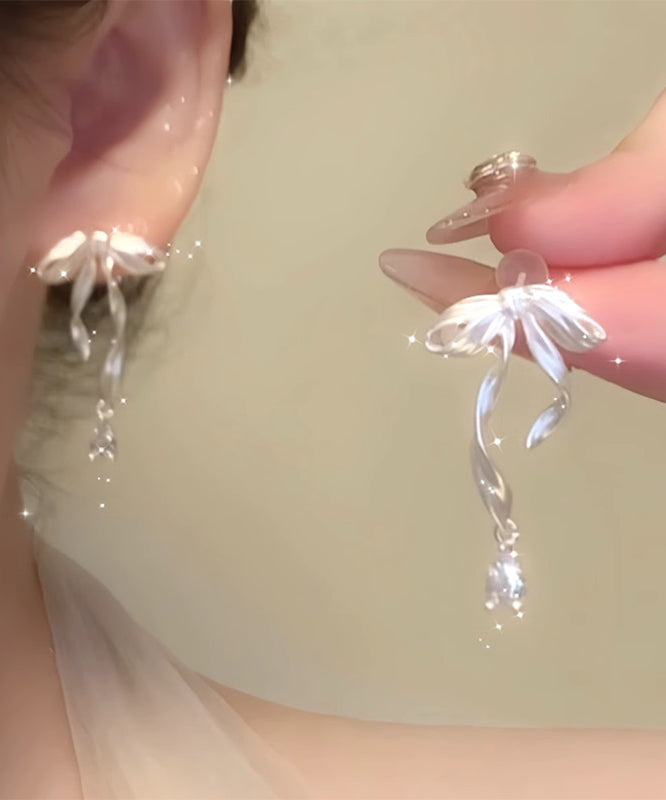 Alloy Earrings Butterfly Elegant Ribbon White Drop Silk Copper