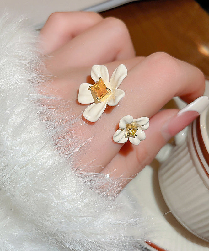 Elegant Copper Zircon Acrylic Open Floral Rings Overgild White