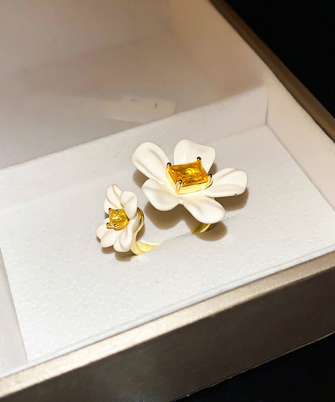 Elegant Copper Zircon Acrylic Open Floral Rings Overgild White