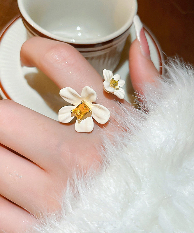 Elegant Copper Zircon Acrylic Open Floral Rings Overgild White