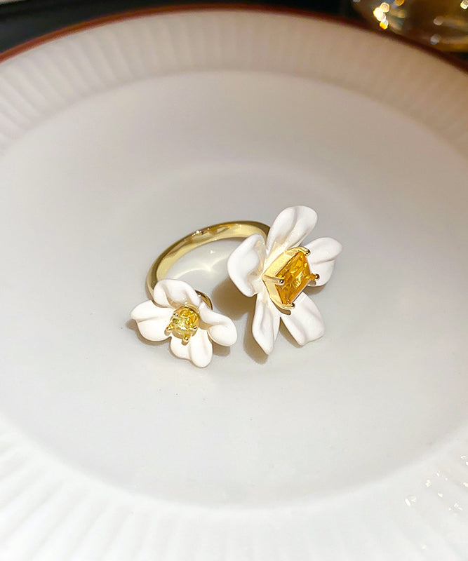 Elegant Copper Zircon Acrylic Open Floral Rings Overgild White