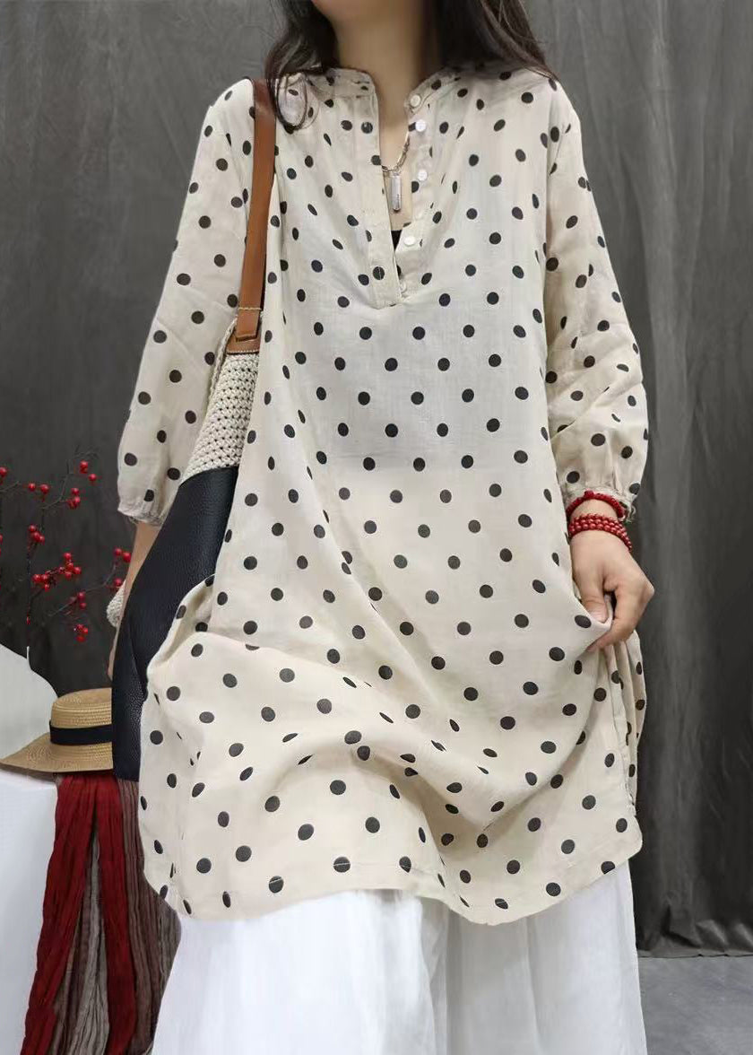 Shirts Fall Pockets Elegant Cotton Dress White Button Dot