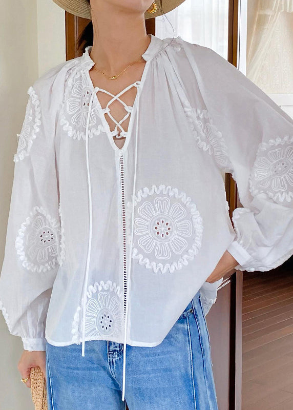 Elegant Cotton White Lace Up Blouses Hollow Embroidered Out